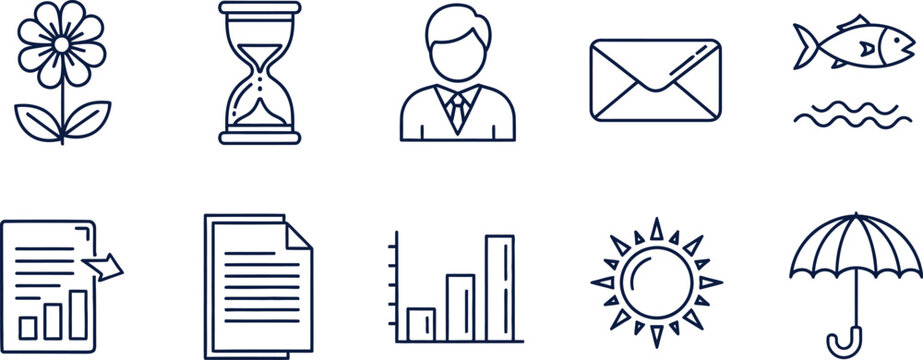 A collection of 10 simple line icons representing various objects and symbols