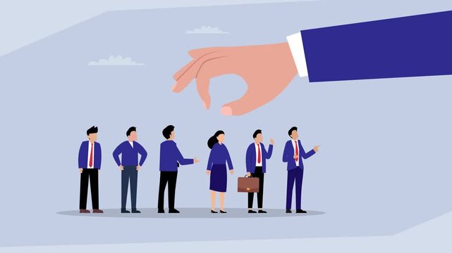 Giant Hand Picking Best Candidate from a Row of Business Professionals for Recruitment and Hiring Concept cartoon animation