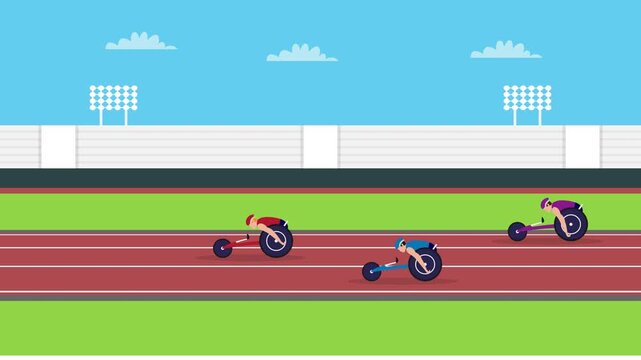 Para-Athletes Competing in Wheelchair Racing on Track at Outdoor Stadium Concept for Inclusive Sports cartoon animation