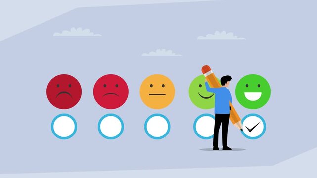 Man Giving Positive Feedback on Customer Satisfaction Survey with Emoticons and Pencil Concept cartoon animation