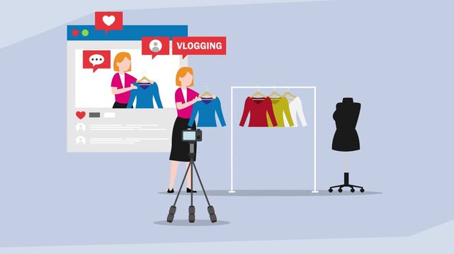 Fashion Vlogger Recording Clothing Review for Social Media Live Stream cartoon animation