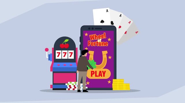 Online Casino Mobile App with Slot Machine and Wheel of Fortune Concept cartoon animation