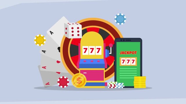 Online Casino and Mobile Gambling Concept with Slot Machine and Roulette cartoon animation