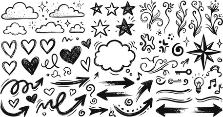 Fototapeta premium Whimsical Black Ink Sketch of Hearts, Stars, and Arrows. Minimalist Decorative Flourish and Celestial Line Art Charming Sketchy Speech Bubble and Directional Icons