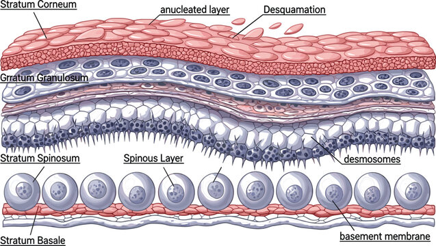 Human Skin Layers Anatomy Diagram Showing Stratum Corneum, Granulosum, Spinosum and Basale with Cellular Structure, Dermatology and Medical Biology Educational Illustration