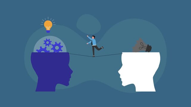 Concept of Mental Health and Professional Growth: Businessman Tightrope Walking from Creative Burnout to Innovation and Logic cartoon animation