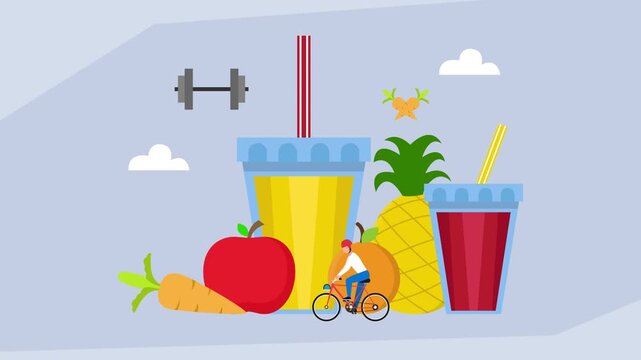 Healthy Lifestyle Concept with Fresh Fruit Smoothies, Vegetables, Cycling, and Fitness Icons Illustration cartoon animation