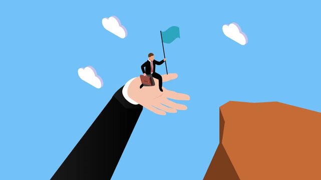 Giant Hand Helping Businessman Cross Abyss to Success: Concept of Mentorship, Corporate Support, and Career Growth 3d animation cartoon