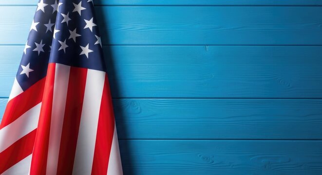 Memorial day tribute with american flag on blue wooden background