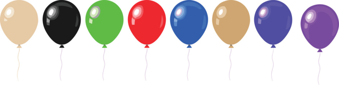 Colorful party balloon collection with strings featuring red, blue, green, and purple balloons for birthday and celebration flat vector