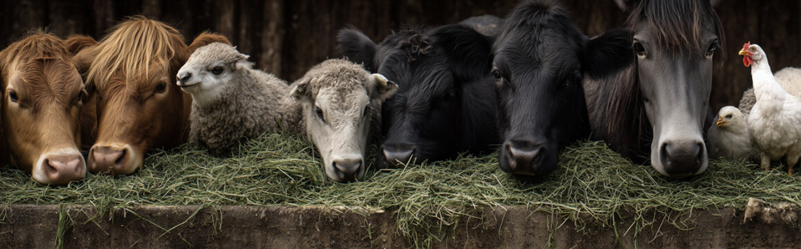 Farm Animals Eating Green Haylage from Trough Cows Horses Sheep Goats and Chickens Close Up Scene