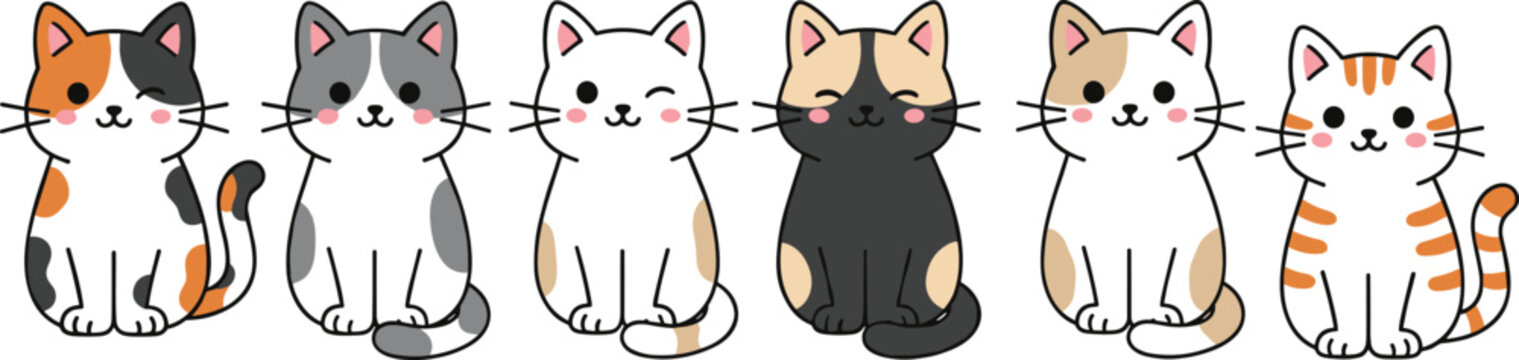 Cute kawaii kittens set with diverse fur patterns including calico and tabby flat vector chibi cat illustration