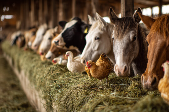 Farm Animals Eating Green Haylage from Trough Cows Horses Sheep Goats and Chickens Close Up Scene