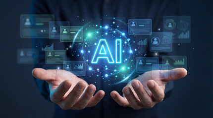 Fototapeta premium Artificial intelligence concept with glowing ai text and futuristic digital technology interface