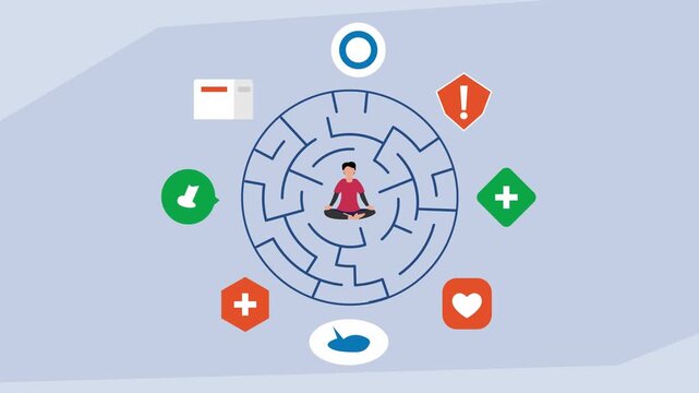 Mindfulness meditation in the center of a life maze cartoon animation