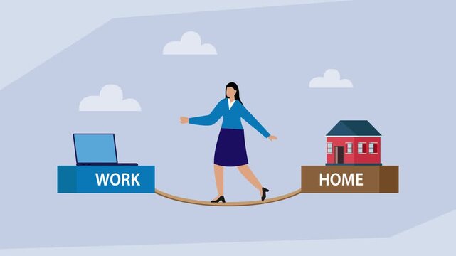 Businesswoman balancing on a tightrope between work and home cartoon animation