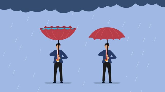 Businessmen with different umbrella usage in the rain cartoon animation