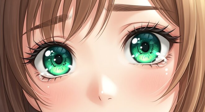Anime girl eyes with green irises and tears
