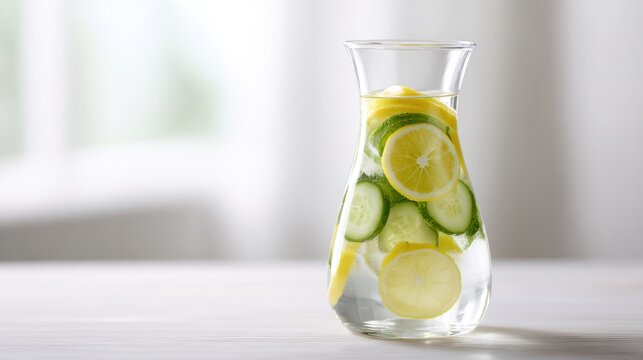 Fresh lemon and cucumber infused water, clear carafe, refreshing morning vibe