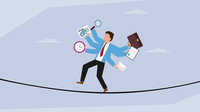 Multitasking Business Professional Balancing on a Tightrope cartoon animation