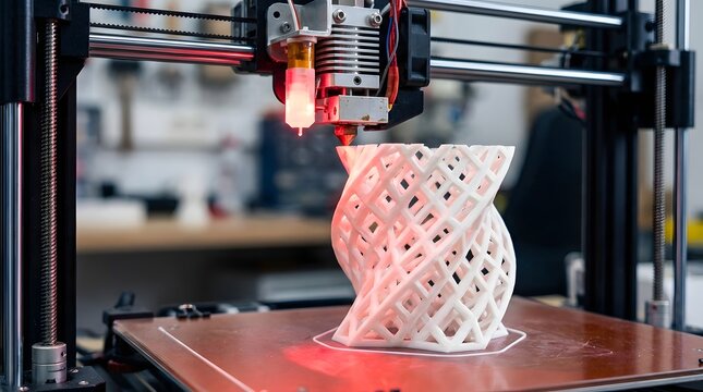 Close up view of a white intricate lattice vase being fabricated by a desktop fused deposition modeling 3d printer