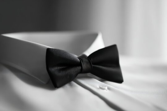 Elegant black bow tie on a white shirt, minimalist black and white photography, formal dress code
