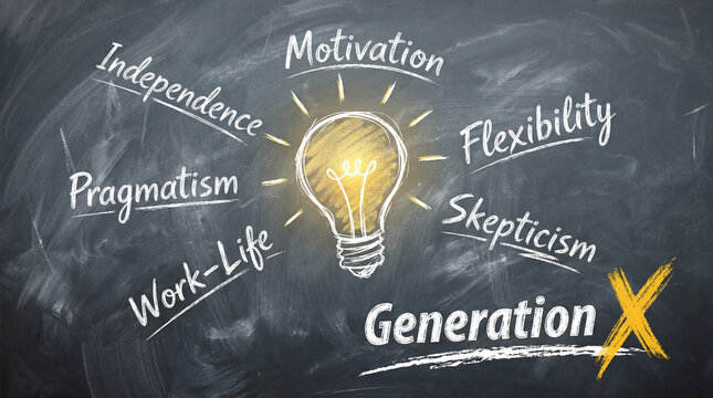 Generation x motivation concept with light bulb and handwritten words on chalkboard