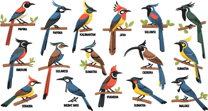 Colorful Indonesian Birds Collection Vector Illustration Featuring Tropical Bird Species from Java, Sumatra, Kalimantan, Sulawesi, Papua, and Maluku Wildlife