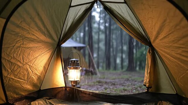 a tent with a lantern inside and a forest outside in the background with another tent in the distance