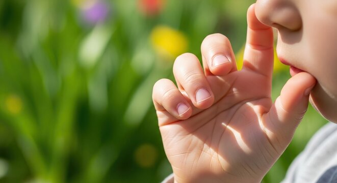 Close-up of child's hand sucking thumb in a garden with colorful flowers and green grass in the background during a sunny day