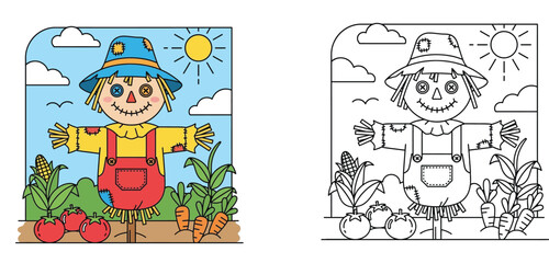 Fototapeta premium Cute Scarecrow in the Farm Garden Coloring Page and Color Illustration Set for Kids, Educational Activity Worksheet Vector with Vegetables, Sun and Clouds for Children