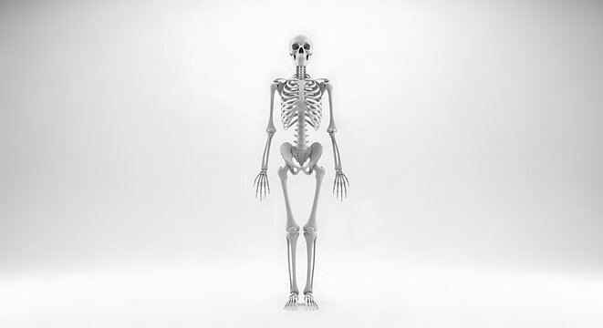 Detailed anatomical illustration of a human skeleton in a neutral studio environment.