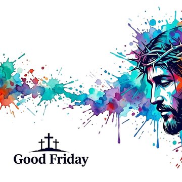 A colorful painting of jesus christ with a crown of thorns on good friday