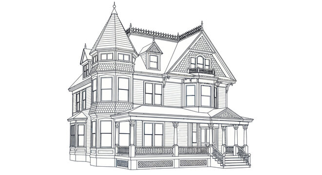 Victorian House Drawing Sketch Architectural Design Vintage Home Exterior