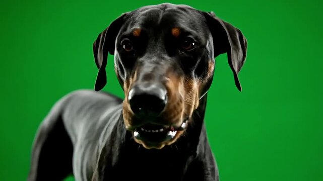 Intense Doberman Pinscher with alert expression against a vibrant green background.
