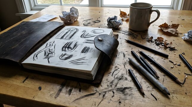Rustic leather sketchbook open to pages filled with expressive charcoal sketches, surrounded by artistic drawing tools, reflecting a creative process.