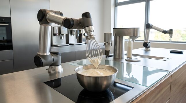 Advanced robotic arm precisely whips cream in a modern stainless steel kitchen using automation technology.