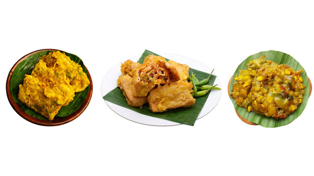 Assorted Indonesian Fried Snacks (Gorengan): Tempe Mendoan, Stuffed Fried Tofu (Tahu Isi), and Corn Fritters (Bakwan Jagung)