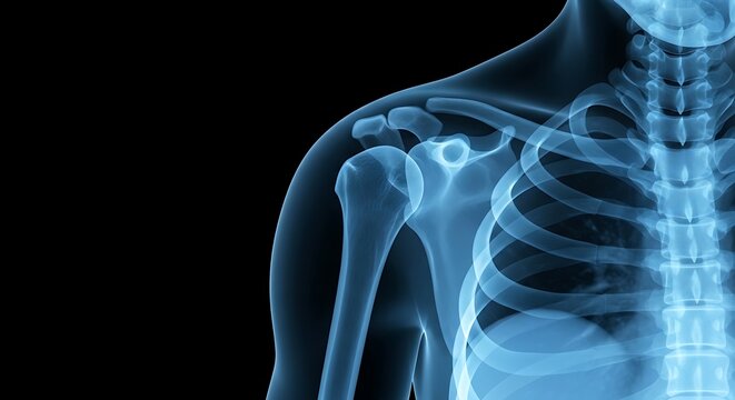 Medical X-ray of Human Shoulder and Rib Cage, Anatomical Study, Skeletal Structure.