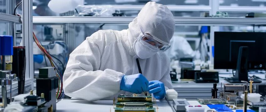 A industrial worker using a soldering iron and some contemporary equipment while wearing a white lab coat and latex gloves