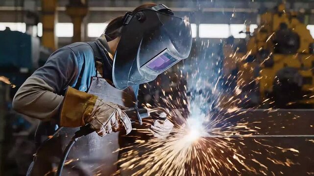 A welder in protective gear working with sparks in a factory setting with industrial machinery