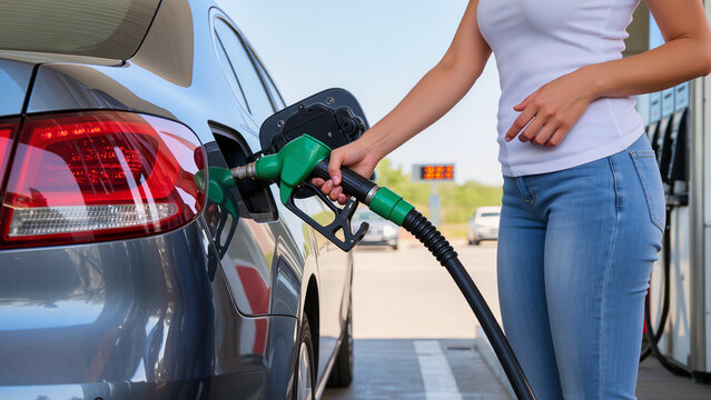 A driver prepares for a long trip, The fuel hose stretches to the car, The nozzle is inserted into the port, The setting is an outdoor station, Energy is being replenished, The process is quick 