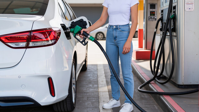 A driver prepares for a long trip, The fuel hose stretches to the car, The nozzle is inserted into the port, The setting is an outdoor station, Energy is being replenished, The process is quick 
