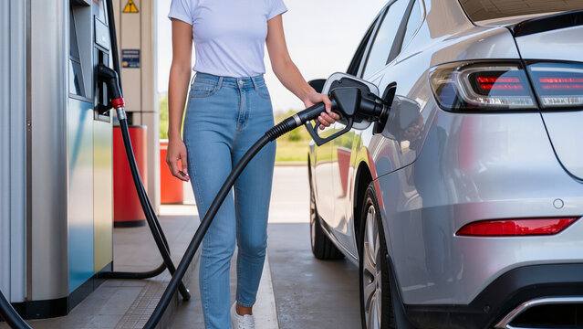 A driver prepares for a long trip, The fuel hose stretches to the car, The nozzle is inserted into the port, The setting is an outdoor station, Energy is being replenished, The process is quick 