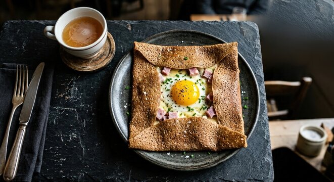 Galette bretonne with egg, ham, cheese and chives on a dark slate table, enjoying a traditional french meal