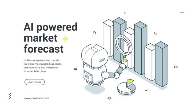 AI powered market forecast isometric banner. Vector illustration for a web landing page template. Business analytics with robot and chart for financial strategy and data research