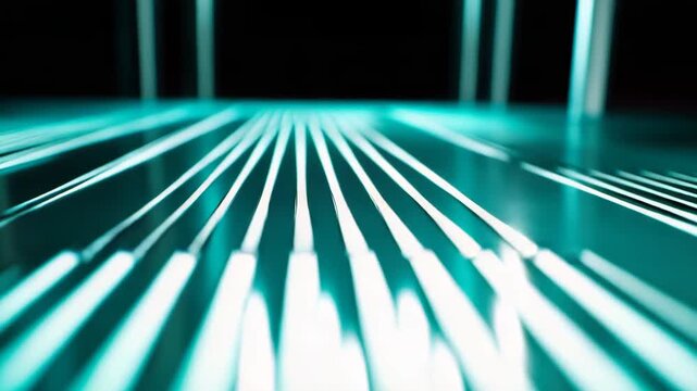 Digital data streams are flowing across abstract parallel technology lines with glowing lights, creating a futuristic network and connectivity concept for modern communication