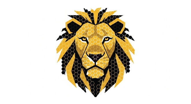 This powerful logo features a majestic lion's head with a unique honeycomb or hexagonal texture. Rendered in a bold yellow and black palette, the design combines natural strength with modern geometric