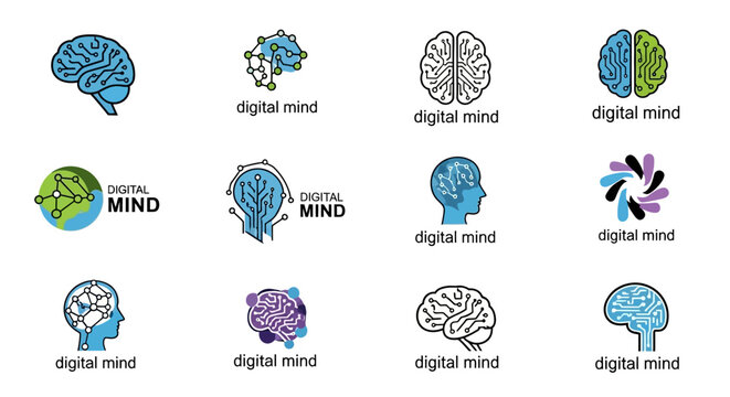 Collection of Digital Brain and Mind Icons for Technology and Innovation.