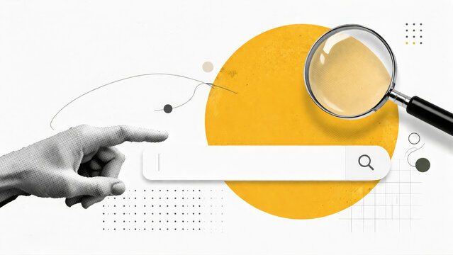 Magnifying glass search bar hand finger point circle discovery focused curious. Digital technology research concept for internet marketing analysis with yellow graphic element on white background